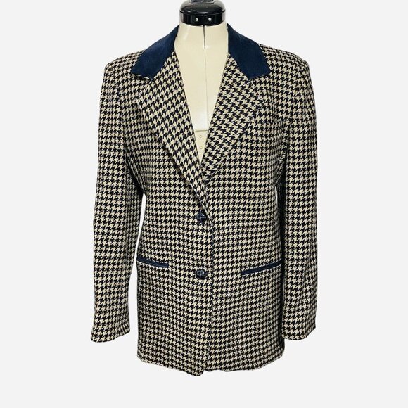 JL COLEBROOK Mohair Wool Houndstooth Blazer Women Small Navy Tan Career Business - Picture 2 of 16